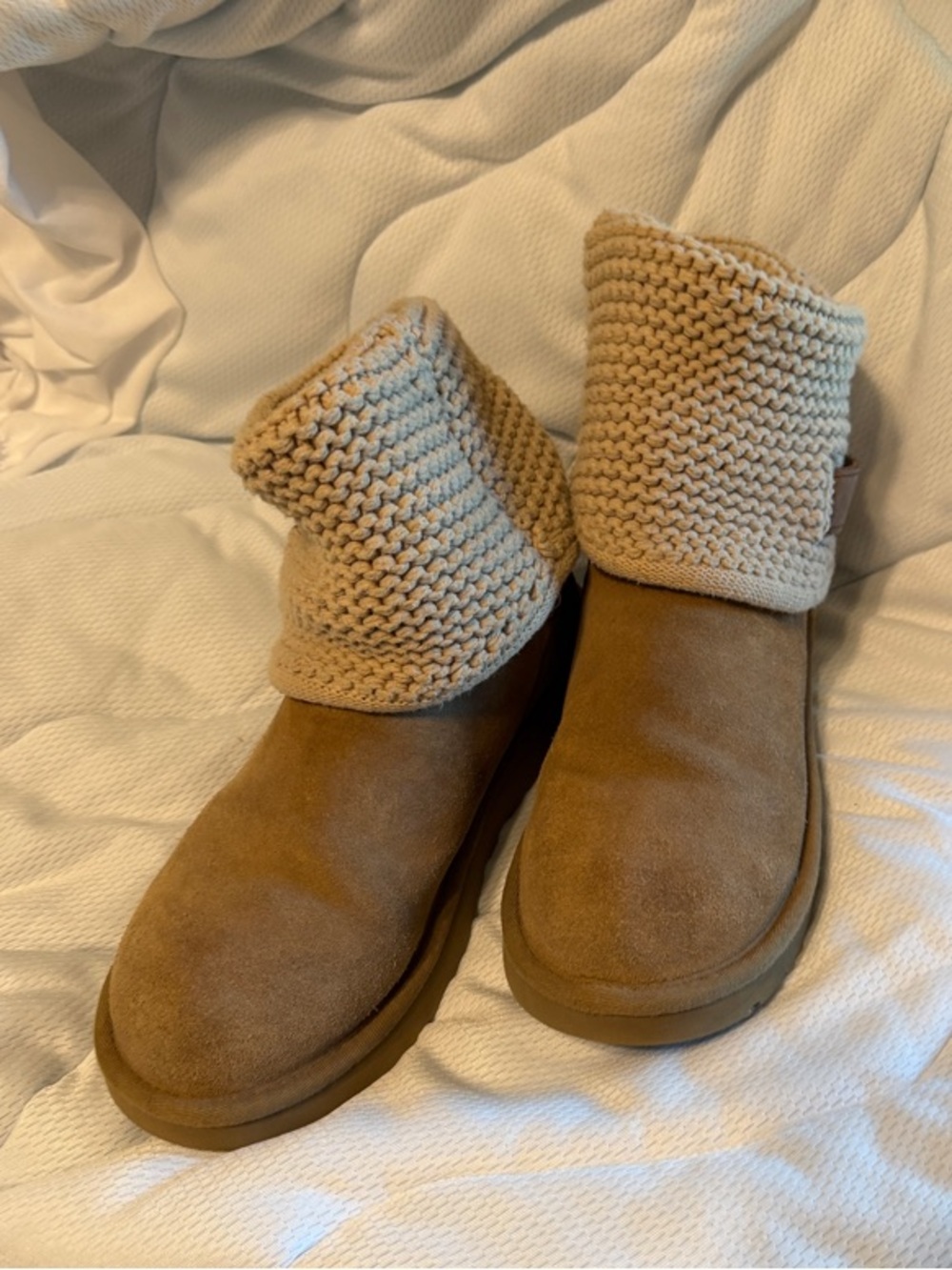 UGG Fold-Over Knit Suede Ankle Boots in Camel